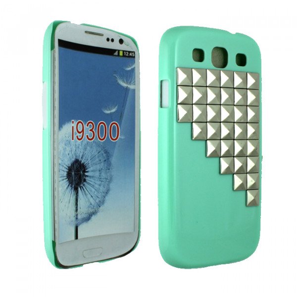 Wholesale Samsung Galaxy S3 3D Pyramids Studs Case (Silver - Green)